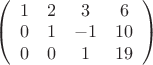 $\left( \begin{array}{cccc}
1 & 2 & 3 & 6\\
0 & 1 & -1 & 10 \\
0 & 0 & 1 & 19
\end{array} \right)$