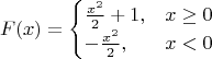$$F(x)=\begin{cases}\frac{x^2}2+1,&x\ge0\cr
-\frac{x^2}2,&x<0\end{cases}$$