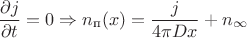 $$\dfrac{\partial j}{\partial t}=0 \Rightarrow n_{\text{п}}(x)=\dfrac{j}{4\pi D x}+n_{\infty}$$