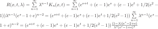 $R(x,t,\lambda)=\sum\limits_{n=1}^{\infty}\lambda^{n-1}K_n(x,t)=\sum\limits_{n=1}^{\infty}(e^{s+t}+(e-1)e^s+(e-1)e^t+1/2(e^2-1))\lambda^{n-1}(e^s-1+e)^{n-2}=(e^{s+t}+(e-1)e^s+(e-1)e^t+1/2(e^2-1))\sum\limits_{n=1}^{\infty}\lambda^{n-1}(e^s-1+e)^{n-2}=(e^{s+t}+(e-1)e^s+(e-1)e^t+1/2(e^2-1)) \frac{(1-\lambda)(e^s-2+e)}{\lambda^2(e^s-1+e)^2}$