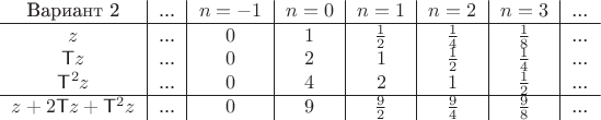 $$\begin{tabular}{c|c|c|c|c|c|c|c}
Вариант 2&... & $n=-1$ & $n=0$ & $n=1$ & $n=2$ &$n=3$ & ...\\\hline
$z$ &... & $0$ & $1$ & $\frac 1 2$ & $\frac 1 4$ & $\frac 1 8$ &...\\
$\mathsf T z$ &... & $0$ & $2$ & $1$ & $\frac 1 2$ &$\frac 1 4$ & ...\\
$\mathsf T^2z$ &... & $0$ & $4$ & $2$ & $1$ & $\frac 1 2$  & ...\\\hline
$z+2\mathsf T z+\mathsf T^2 z$ &... & $0$ & $9$ & $\frac 9 2$ & $\frac 9 4$ & $\frac 9 8$ & ...\end{tabular}$$
