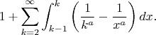 $$
1+\sum_{k=2}^\infty\int_{k-1}^k\left(\frac1{k^a}-\frac1{x^a}\right)dx.
$$