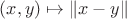$(x,y)\mapsto \|x-y\|$