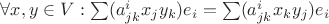 $ \forall x, y \in V:\sum (a^i_{jk} x_{j} y_{k})e_{i} = \sum (a^i_{jk} x_{k} y_{j})e_{i}$