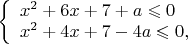 $ \left\{ \begin{array}{l} x^2+6x+7+a\leqslant 0\\ x^2+4x+7-4a\leqslant 0, \end{array} \right. $