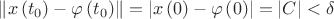 $\left\lVert x\left(t_0\right)-\varphi \left(t_0\right)\right\rVert=\left\lvert x\left(0\right)-\varphi\left(0\right)\right\rvert=\left\lvert C\right\rvert < \delta$