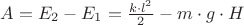 $A=E_2 - E_1=\frac {k\cdot l^2}{2}- m\cdot g\cdot H$