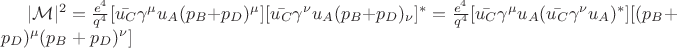$|\mathcal{M}|^2=\frac{e^4}{q^4}[ \bar{u_{C}} \gamma^\mu u_{A}(p_B+p_D)^\mu][\bar{u_{C}} \gamma^\nu u_{A}(p_B+p_D)_\nu]^{*}=\frac{e^4}{q^4}[ \bar{u_{C}} \gamma^\mu u_{A} (\bar{u_{C}} \gamma^\nu u_{A})^{*}][(p_B+p_D)^\mu (p_B+p_D)^\nu]$