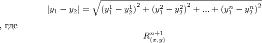 \[ \left| {y_1 - y_2 } \right| = \sqrt {\left( {y_1^1 - y_2^1 } \right)^2 + \left( {y_1^2 - y_2^2 } \right)^2 + ... + \left( {y_1^n - y_2^n } \right)^2 } \], где \[ R_{\left( {x,y} \right)}^{n + 1} \]