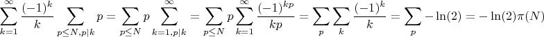 $$\sum_{k=1}^\infty \frac{(-1)^k}{k} \sum_{p \leq N, p | k} p = \sum_{p \leq N} p \sum_{k=1, p|k}^\infty = \sum_{p \leq N} p \sum_{k=1}^\infty \frac{(-1)^{kp}}{kp} = \sum_{p} \sum_k \frac{(-1)^k}{k} = \sum_{p} -\ln (2) = -\ln(2) \pi(N)$$