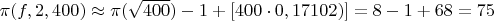 $\pi(f,2,400)  \approx \pi(\sqrt{400})-1+[400 \cdot 0,17102)] =8-1+68=75$