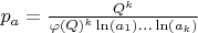 $p_a=\frac{Q^k}{\varphi(Q)^k\ln(a_1)...\ln(a_k)}$