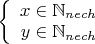 $\left\{
\begin{array}{rcl}
  x\in\mathbb{N}_{nech} \\
  y\in\mathbb{N}_{nech}$\end{array}
\right.$