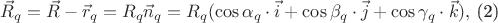$\vec{R}_{q}=\vec{R}-\vec{r}_{q}=R_{q}\vec{n}_{q}=R_{q}(\cos \alpha_{q}\cdot \vec{i}+\cos \beta_{q}\cdot \vec{j}+\cos \gamma_{q}\cdot \vec{k}),$   (2)
