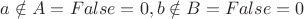 $a \notin A = False = 0, b \notin B = False = 0$