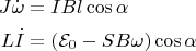 $$ \begin{align*} J\dot{\omega}&=IBl\cos\alpha\\ L\dot{I}&=(\mathcal{E}_0 -SB\omega)\cos\alpha \end{align*} $$