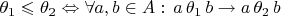 \theta_1 \leqslant \theta_2 \Leftrightarrow \forall a, b \in A :\, a \,\theta_1\, b \to a \,\theta_2 \, b