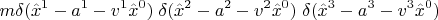 $$ m \delta(\hat{x}^1-a^1-v^1 \hat{x}^0) \; \delta(\hat{x}^2-a^2-v^2 \hat{x}^0) \; \delta(\hat{x}^3-a^3-v^3 \hat{x}^0) $$