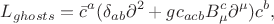 $$
L_{ghosts} = \bar{c}^{a}(\delta_{ab}\partial^{2} + gc_{acb}B_{\mu}^{c}\partial^{\mu})c^{b},
$$ $$
L_{ghosts} = \bar{c}^{a}(\delta_{ab}\partial^{2} + gc_{acb}B_{\mu}^{c}\partial^{\mu})c^{b},
$$