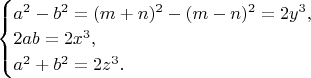 $\begin{equation*}
 \begin{cases}
   a^2-b^2=(m+n)^2-(m-n)^2=2y^3, 
   \\
   2ab=2x^3,
   \\
   a^2+b^2=2z^3.
 \end{cases}
\end{equation*}$