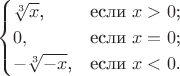 $$\begin{cases}
$\sqrt[3]{x}$,&\text{если $x>0$;}\\
0,&\text{если $x=0$;}\\
-$\sqrt[3]{-x}$,&\text{если $x<0$.}
\end{cases}$$