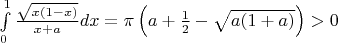 $\int\limits_0^1\frac{\sqrt{x(1-x)}}{x+a}dx=\pi\left(a+\frac{1}{2}-\sqrt{a(1+a)}\right)>0$