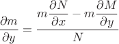 $\dfrac{\partial m}{\partial y}=\dfrac{m\dfrac{\partial N}{\partial x}-m\dfrac{\partial M}{\partial y}}{N}$