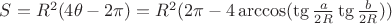 $S= R^{2}(4\theta - 2\pi)  = R^{2}(2\pi - 4\arccos(\tg\frac{a}{2R} \tg\frac{b}{2R}))$
