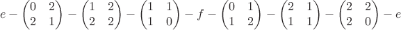 $$e-\begin{pmatrix}0&2\\2&1\end{pmatrix}-\begin{pmatrix}1&2\\2&2\end{pmatrix}-\begin{pmatrix}1&1\\1&0\end{pmatrix}-f-\begin{pmatrix}0&1\\1&2\end{pmatrix}-\begin{pmatrix}2&1\\1&1\end{pmatrix}-\begin{pmatrix}2&2\\2&0\end{pmatrix}-e$$
