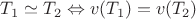 $T_1 \simeq T_2 \Leftrightarrow v(T_1)=v(T_2)$ $T_1 \simeq T_2 \Leftrightarrow v(T_1)=v(T_2)$