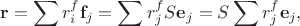 $$
\mathbf r = \sum r^f_i \mathbf f_j = \sum r^f_j S \mathbf e_j = S \sum r^f_j \mathbf e_j,
$$