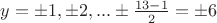 $ y =  \pm 1, \pm 2,... \pm \frac{{13 - 1}}{2} =  \pm 6$