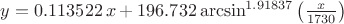 $y=0.113522 \, x+196.732 \arcsin^{1.91837}  \left (\frac{x}{1730} \right )$