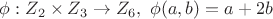 $ \phi: Z_2 \times Z_3 \to Z_6,  ~ \phi (a,b)=a+2b $