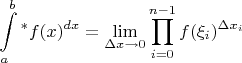 $$\int^b\limits_a^*{f(x)^{dx}}=\lim_{\Delta x\to 0}\prod_{i=0}^{n-1} f(\xi_i)^{\Delta x_i}$$
