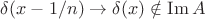 $\delta(x-1/n)\to \delta(x)\notin \mathrm{Im}\,A$