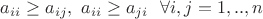 $a_{ii}\geq a_{ij}, \  a_{ii}\geq a_{ji}\ \  \forall i,j = 1,..,n $
