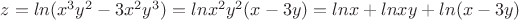 $z=ln(x^3y^2-3x^2y^3)=lnx^2y^2(x-3y)=lnx+lnxy+ln(x-3y)$