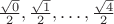 $\frac{\sqrt0}2,\frac{\sqrt1}2,\ldots,\frac{\sqrt4}2$