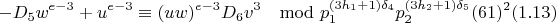 $$-D_5w^{e-3}+u^{e-3}\equiv(uw)^{e-3}D_6v^3\mod p_1^{(3h_1+1)\delta_4}p_2^{(3h_2+1)\delta_5}(61)^2 (1.13)$$
