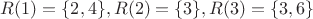 $R(1) = \{2, 4\}, R(2) = \{3\}, R(3) = \{3, 6\}$