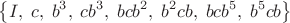 $$\left\{I,\;c,\;b^3,\;cb^3,\;bcb^2,\;b^2cb,\;bcb^5,\;b^5cb\right\}$$