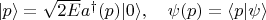$|p\rangle=\sqrt{2E}a^\dagger(p)|0\rangle,\quad \psi(p)=\langle p|\psi\rangle$