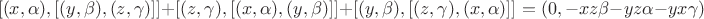 $$[(x,\alpha),[(y,\beta),(z,\gamma)]]+[(z,\gamma),[(x,\alpha),(y,\beta)]]+[(y,\beta),[(z,\gamma),(x,\alpha)]]=(0,-xz\beta-yz\alpha-yx\gamma)$$