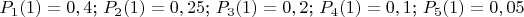 $P_1(1)=0,4$;
$P_2(1)=0,25$;
$P_3(1)=0,2$;
$P_4(1)=0,1$;
$P_5(1)=0,05$