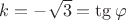 $k=-\sqrt{3}=\tg\varphi$