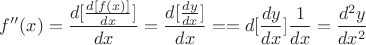$$f''(x) = \frac{d [ \frac{d [f(x)]}{d x}]}{d x} = \frac{d [ \frac{dy}{d x}]}{d x} = = d [\frac{dy}{d x}]  \frac {1}{d x}= \frac{d^2y}{d x^2} $$