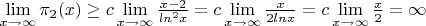 $\lim \limits_{x \to \infty} {\pi_2 (x)} \geq c \lim \limits_{x \to \infty} {\frac {x-2} {ln^2 x}}= c\lim\limits_{x \to \infty} {\frac {x} {2ln x}}=c\lim\limits_{x \to \infty} {\frac {x} {2}}=\infty$