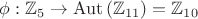 $$\phi:\mathbb{Z}_5\to\operatorname{Aut}\left(\mathbb{Z}_{11}\right)=\mathbb{Z}_{10}$$ $$\phi:\mathbb{Z}_5\to\operatorname{Aut}\left(\mathbb{Z}_{11}\right)=\mathbb{Z}_{10}$$