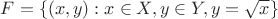 $F = \{(x, y) : x \in X, y \in Y, y = \sqrt x\}$